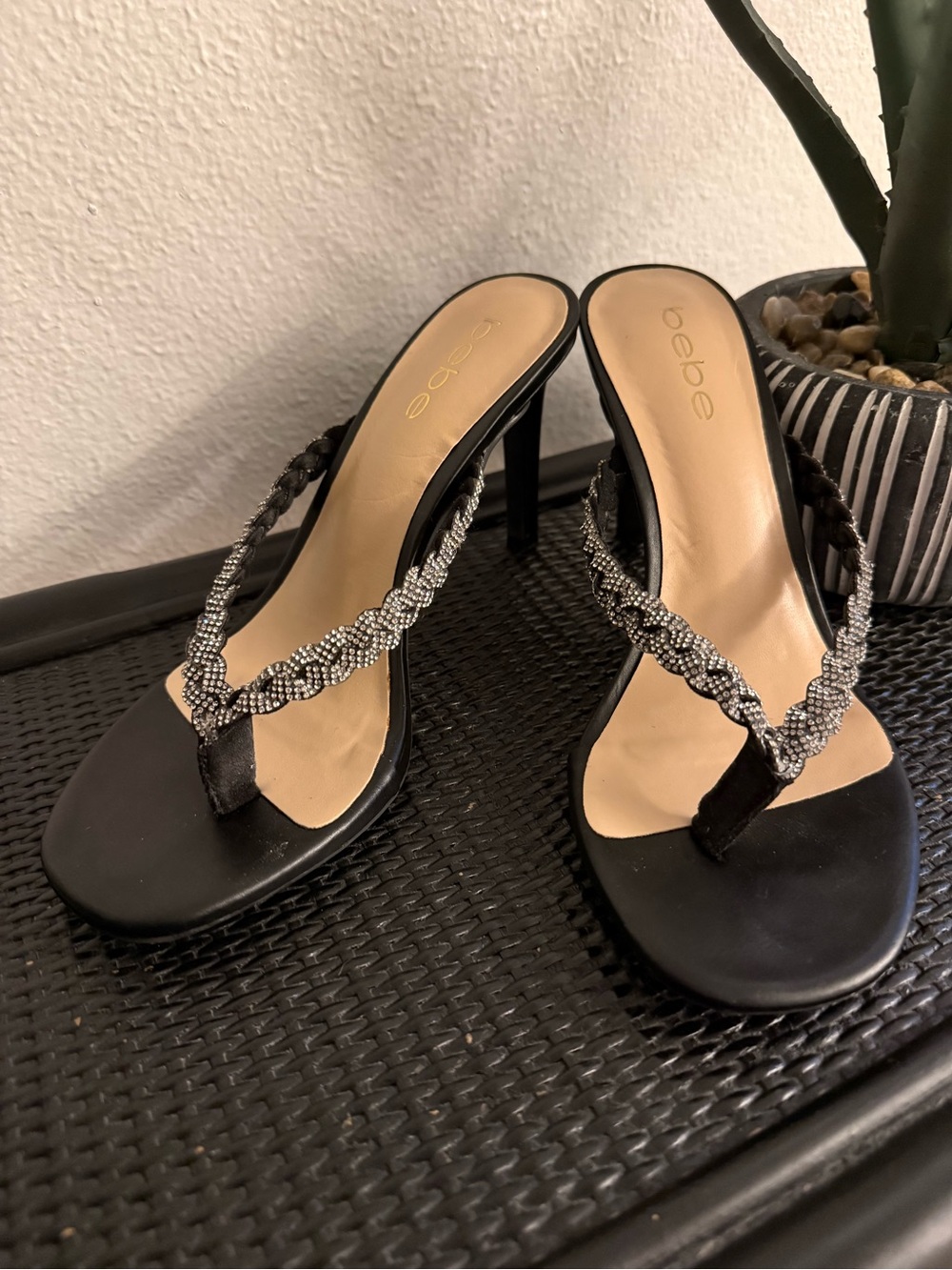 bebe Black Heeled Thong Sandals with Silver Rhinestone Braid